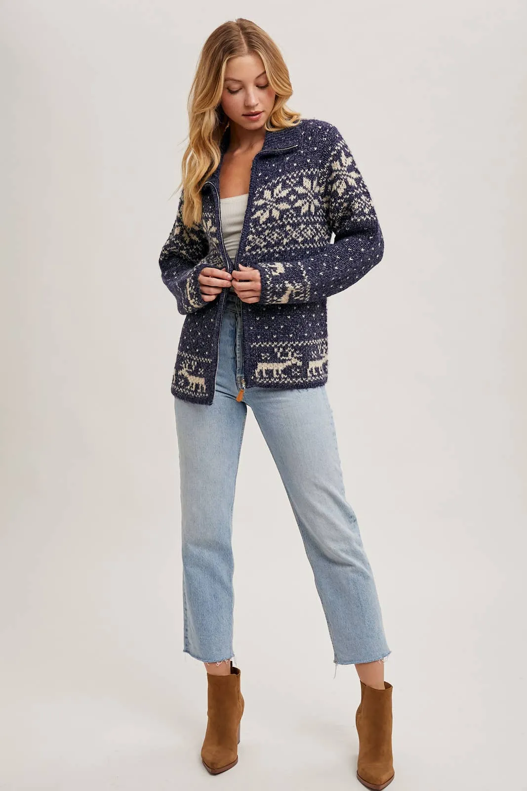 Janet- Nordic Print Knit Zipup Sweater Cardigan