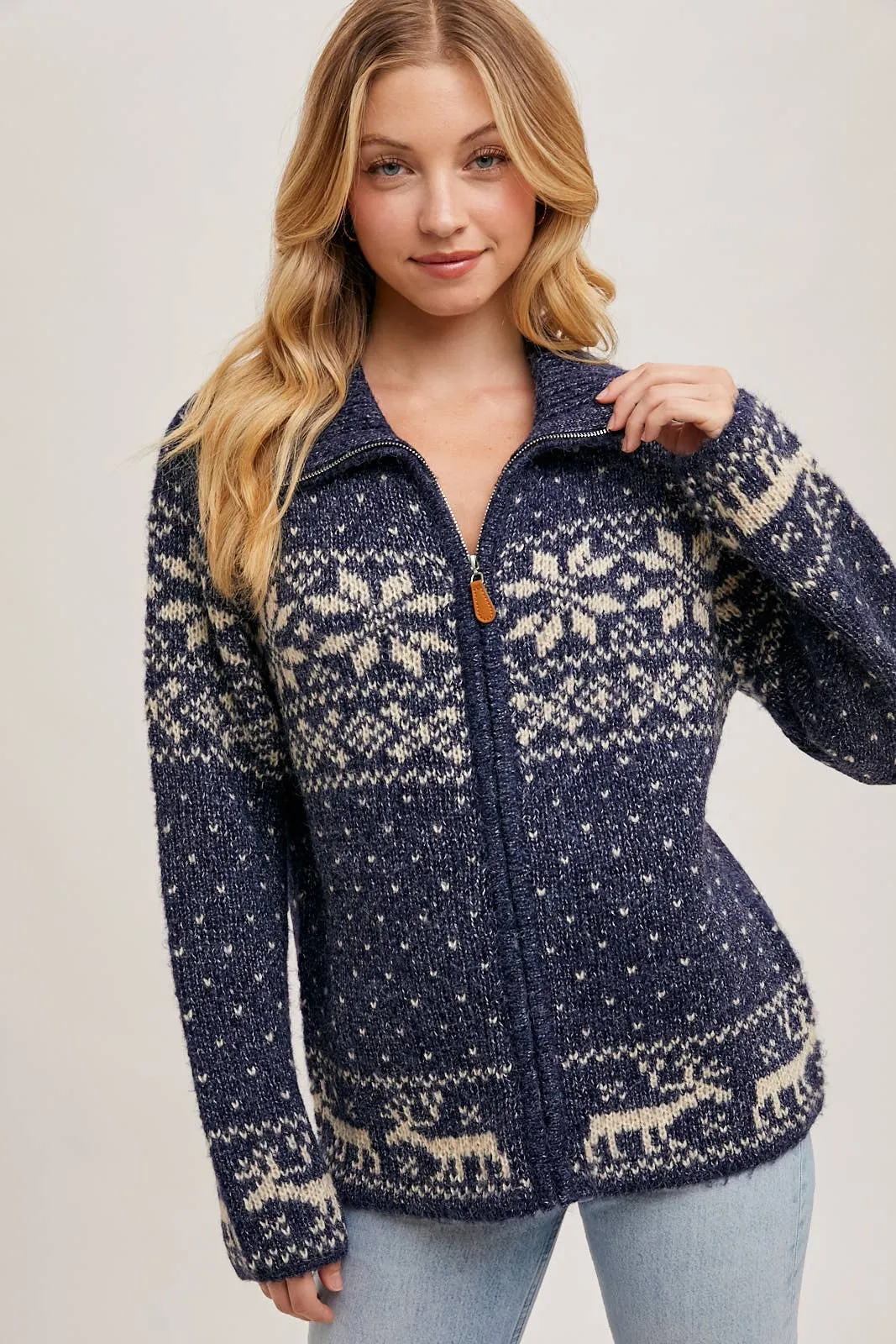 Janet- Nordic Print Knit Zipup Sweater Cardigan