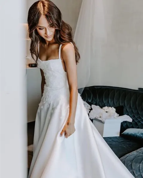 JazzHer Elegant A Line Spaghetti Straps Long Satin White Prom Dresses Evening Dress (PRE-ORDER)