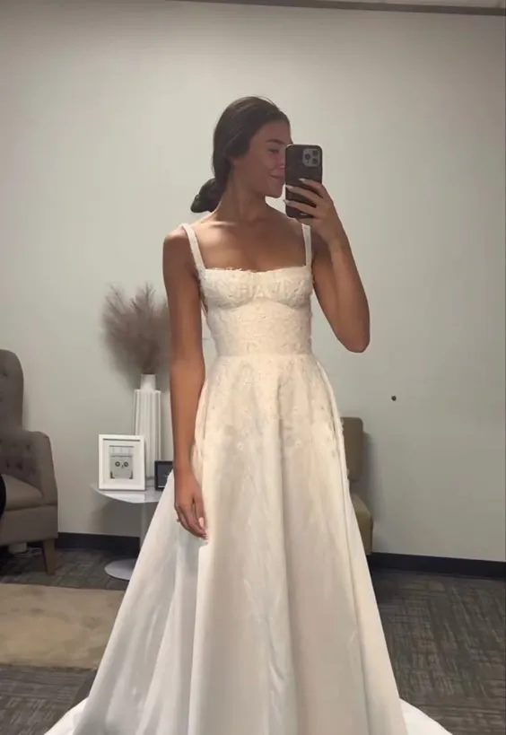 JazzHer Elegant A Line Spaghetti Straps Long Satin White Prom Dresses Evening Dress (PRE-ORDER)