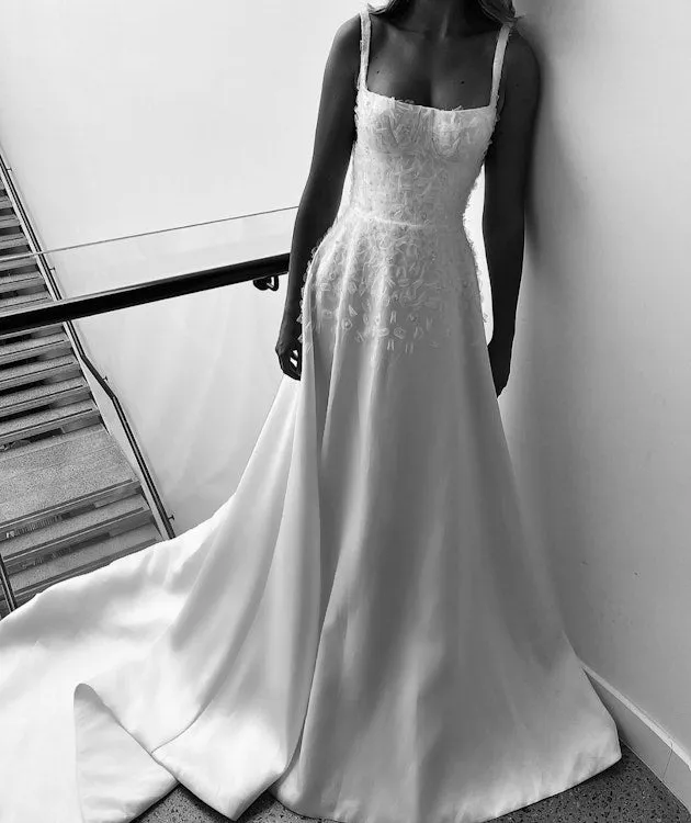 JazzHer Elegant A Line Spaghetti Straps Long Satin White Prom Dresses Evening Dress (PRE-ORDER)