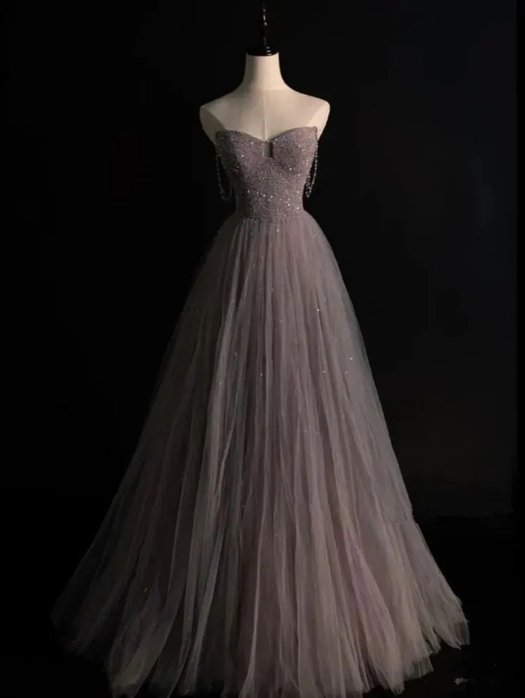 JazzHer Elegant A line Spaghetti Straps Tulle  Long Prom Dresses Party Dress With Beads (PRE-ORDER)