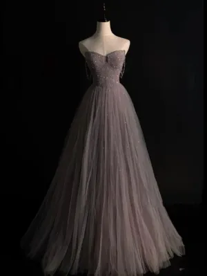 JazzHer Elegant A line Spaghetti Straps Tulle  Long Prom Dresses Party Dress With Beads (PRE-ORDER)