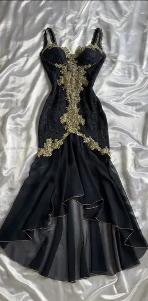 JazzHer Elegant High Low Straps Black Chiffon Lace Prom Dresses Ruffles Evening Dress (PRE-ORDER)