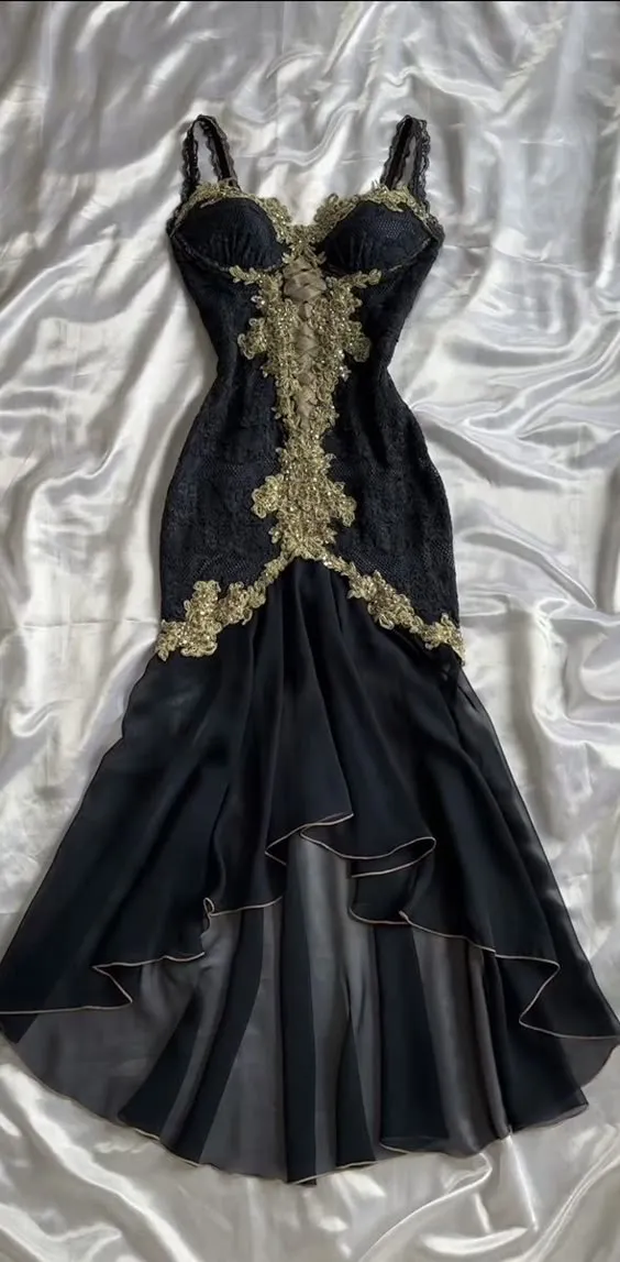 JazzHer Elegant High Low Straps Black Chiffon Lace Prom Dresses Ruffles Evening Dress (PRE-ORDER)