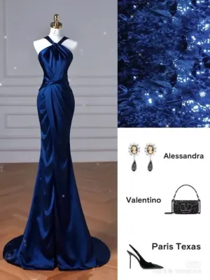 JazzHer Elegant Mermaid Halter Royal Blue Satin Long Prom Dresses Evening Dress (PRE-ORDER)