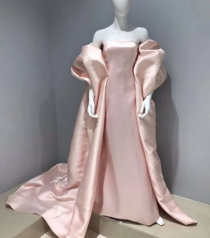 JazzHer Elegant Mermaid Strapless Pink Satin Long Prom Dresses Party Dresses With Cape (PRE-ORDER)