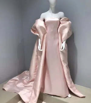 JazzHer Elegant Mermaid Strapless Pink Satin Long Prom Dresses Party Dresses With Cape (PRE-ORDER)