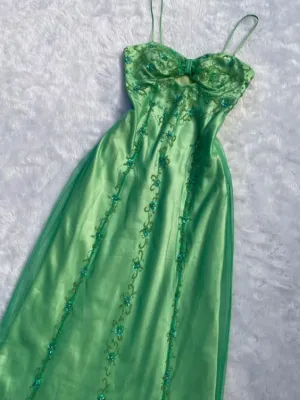 JazzHer Gorgeous A Line Spaghetti Straps Green Long Satin Prom Dresses Evening Dress (PRE-ORDER)