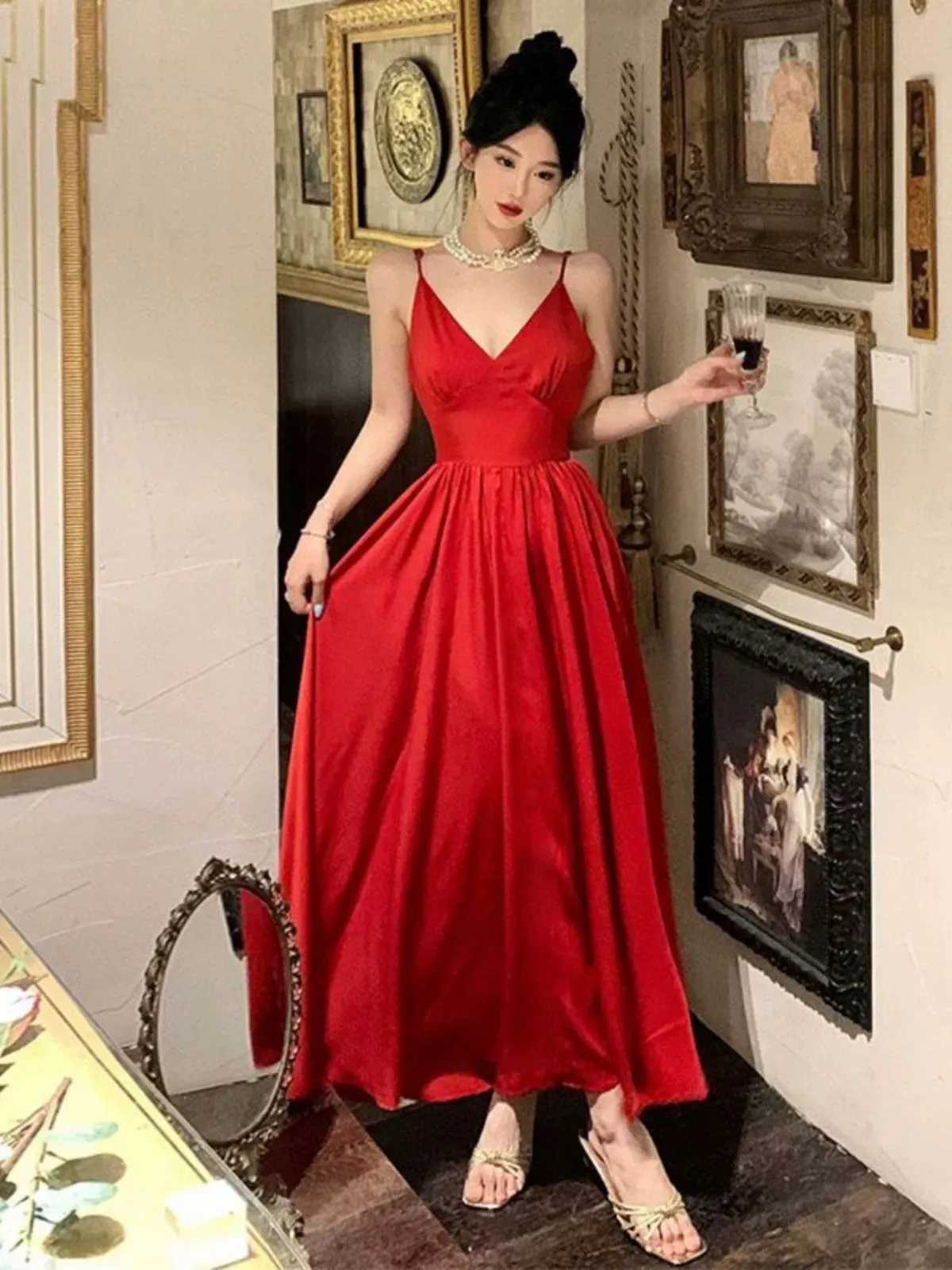 JazzHer Gorgeous A Line Spaghetti Straps Red Ankle Length Evening Dress Prom Dresses Birthday Outfits (PRE-ORDER)