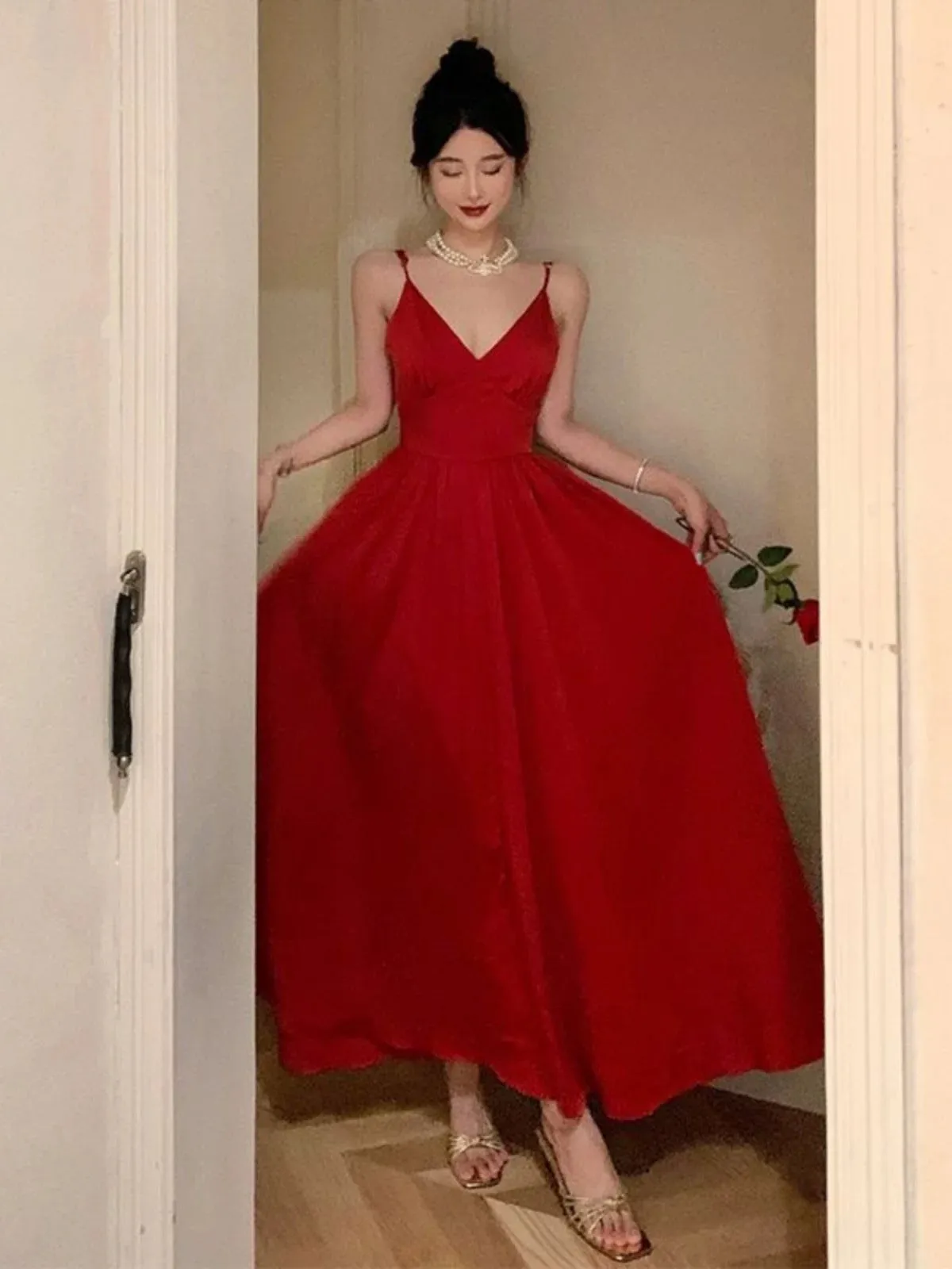 JazzHer Gorgeous A Line Spaghetti Straps Red Ankle Length Evening Dress Prom Dresses Birthday Outfits (PRE-ORDER)