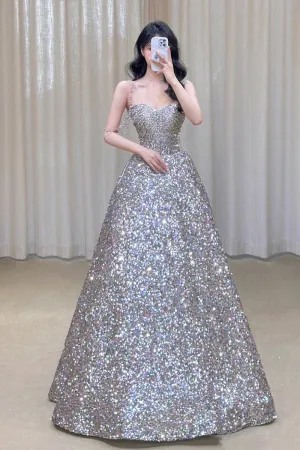 JazzHer Gorgeous Ball Gown Straps Sequin Silver Long Evening Dress Prom Dresses Birthday Outfits (PRE-ORDER)