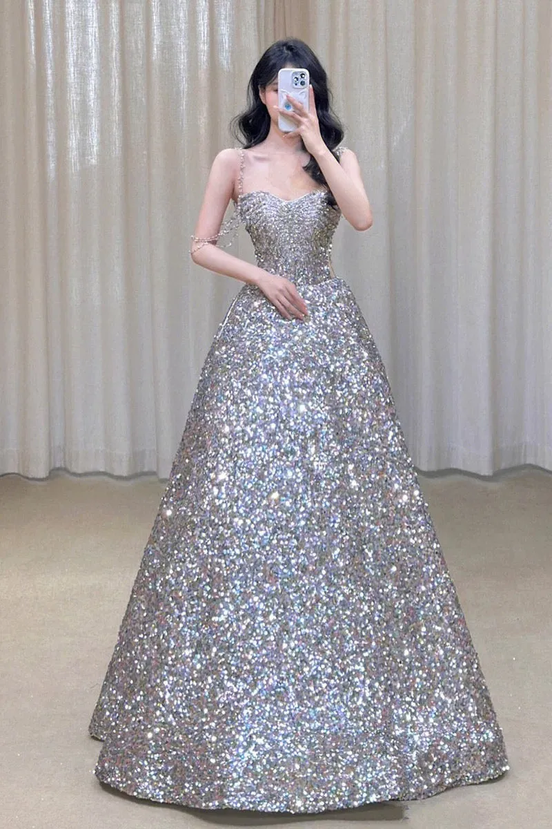 JazzHer Gorgeous Ball Gown Straps Sequin Silver Long Evening Dress Prom Dresses Birthday Outfits (PRE-ORDER)