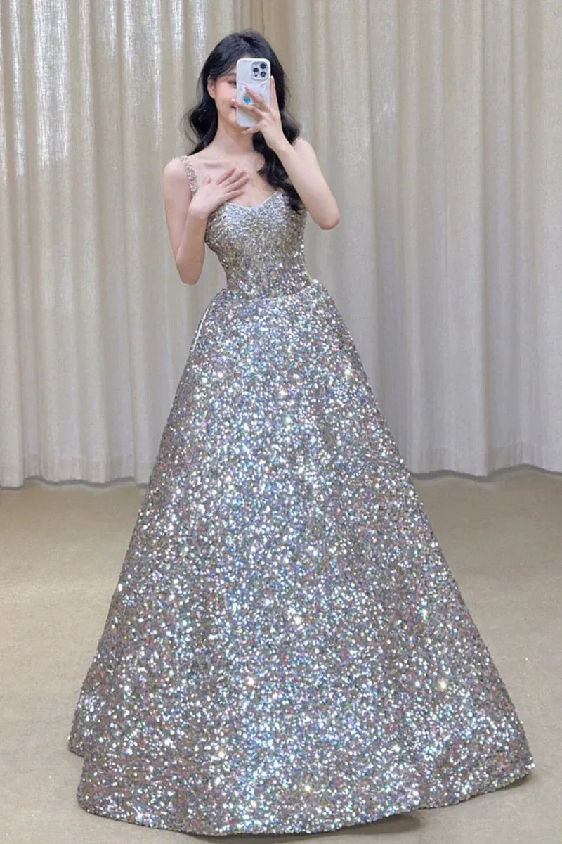 JazzHer Gorgeous Ball Gown Straps Sequin Silver Long Evening Dress Prom Dresses Birthday Outfits (PRE-ORDER)