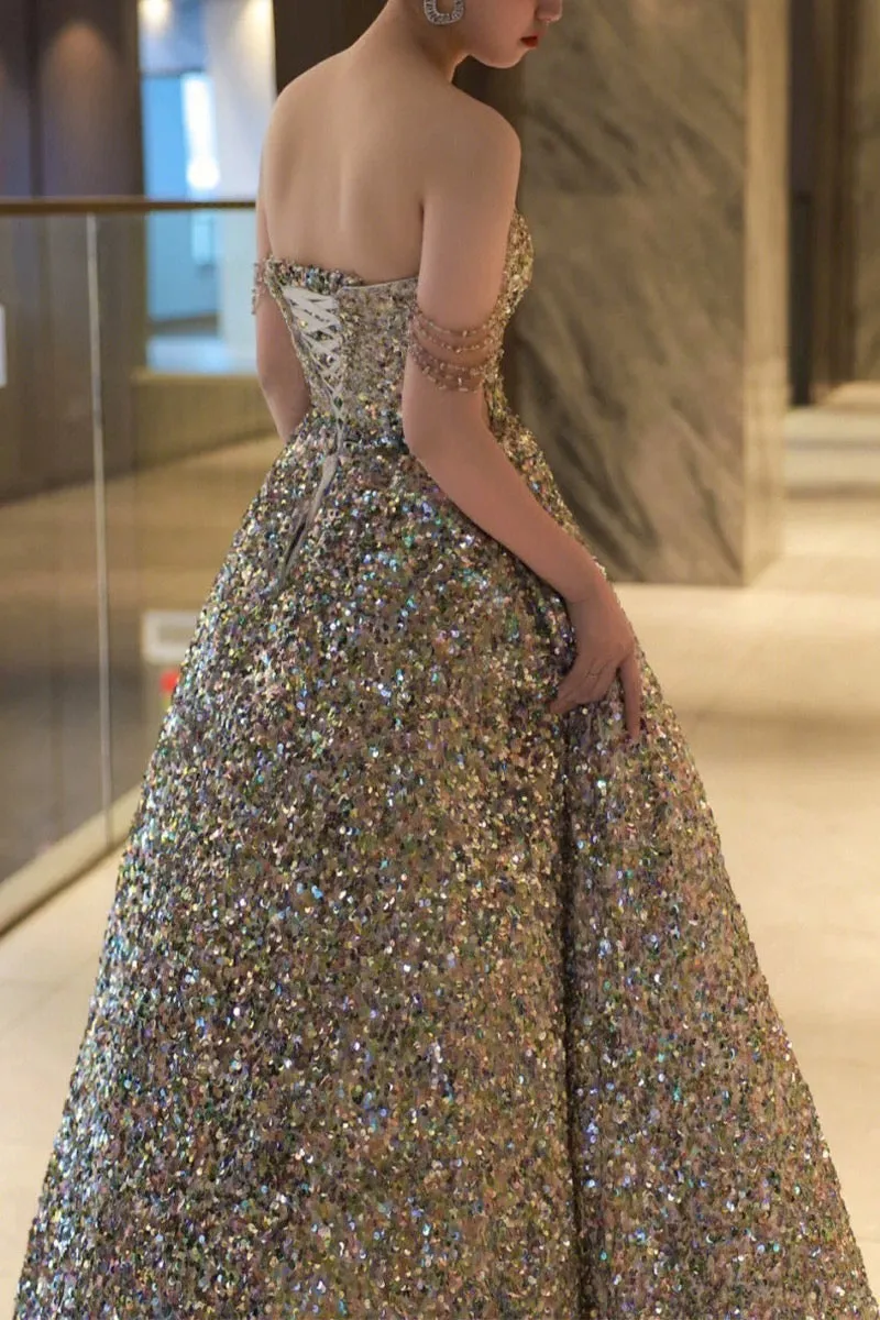 JazzHer Gorgeous Ball Gown Straps Sequin Silver Long Evening Dress Prom Dresses Birthday Outfits (PRE-ORDER)