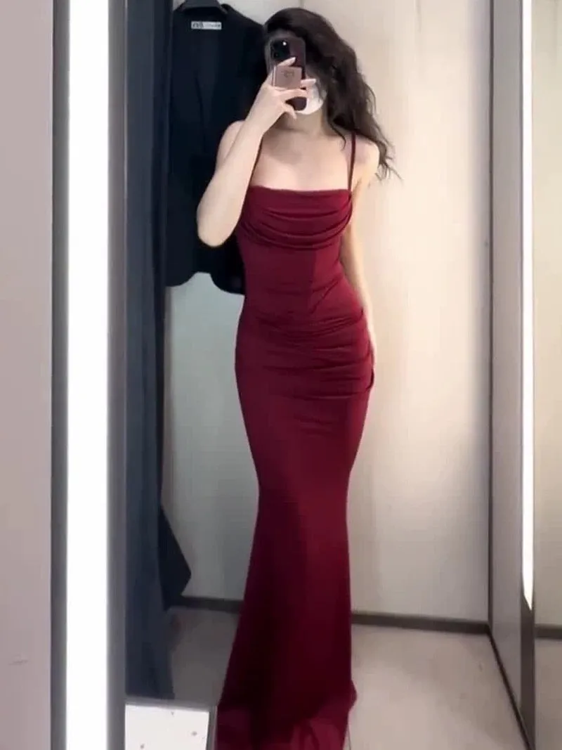 JazzHer Gorgeous Mermaid Spaghetti Straps Burgundy Evening Dress Prom Dresses Birthday Outfits (PRE-ORDER)