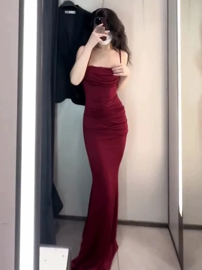 JazzHer Gorgeous Mermaid Spaghetti Straps Burgundy Evening Dress Prom Dresses Birthday Outfits (PRE-ORDER)