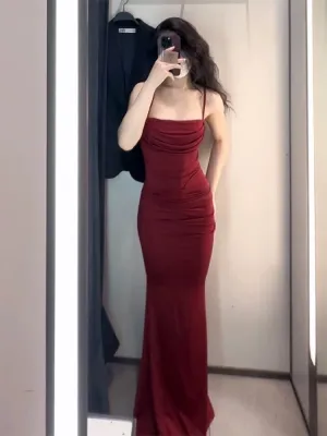 JazzHer Gorgeous Mermaid Spaghetti Straps Burgundy Evening Dress Prom Dresses Birthday Outfits (PRE-ORDER)