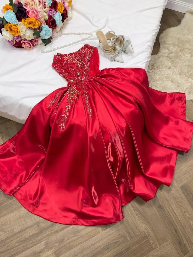 JazzHer Modest A Line Strapless Sleeveless Red Satin Ruffles Beads Long Prom Dresses Evening Dress (PRE-ORDER)