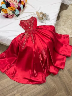 JazzHer Modest A Line Strapless Sleeveless Red Satin Ruffles Beads Long Prom Dresses Evening Dress (PRE-ORDER)