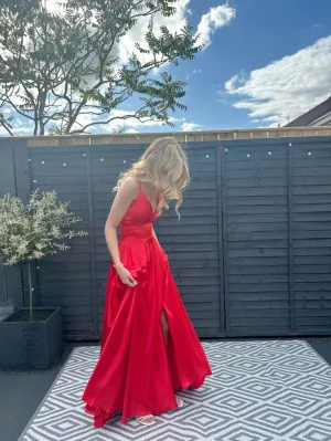 JazzHer Modest A Line Straps Red Satin Slit Long Prom Dresses Evening Dress (PRE-ORDER)