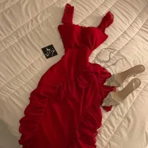 JazzHer Modest A Line Straps Sleeveless Red Chiffon Ruffles Long Prom Dresses Evening Dress (PRE-ORDER)