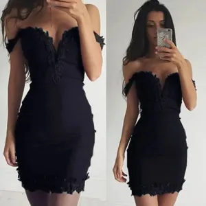 JazzHer Modest Sheath Off the Shoulder Black Short Lace Homecoming Dresses Little Black Dress Birthday Outfits (PRE-ORDER)