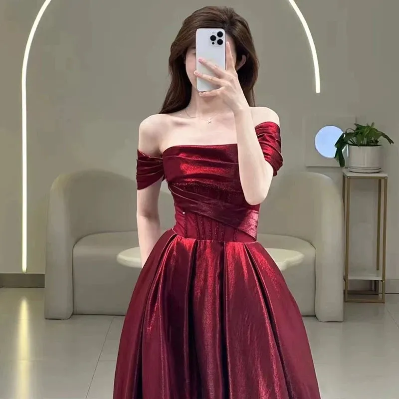 JazzHer Pretty A line Off The Shoulder Burgundy Satin Long Prom Dresses Party Evening Dress (PRE-ORDER)