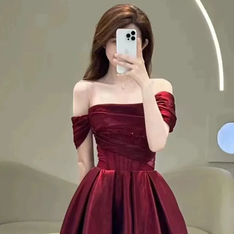 JazzHer Pretty A line Off The Shoulder Burgundy Satin Long Prom Dresses Party Evening Dress (PRE-ORDER)
