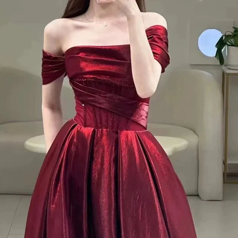 JazzHer Pretty A line Off The Shoulder Burgundy Satin Long Prom Dresses Party Evening Dress (PRE-ORDER)
