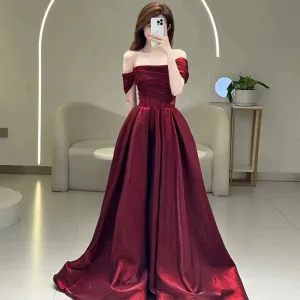 JazzHer Pretty A line Off The Shoulder Burgundy Satin Long Prom Dresses Party Evening Dress (PRE-ORDER)