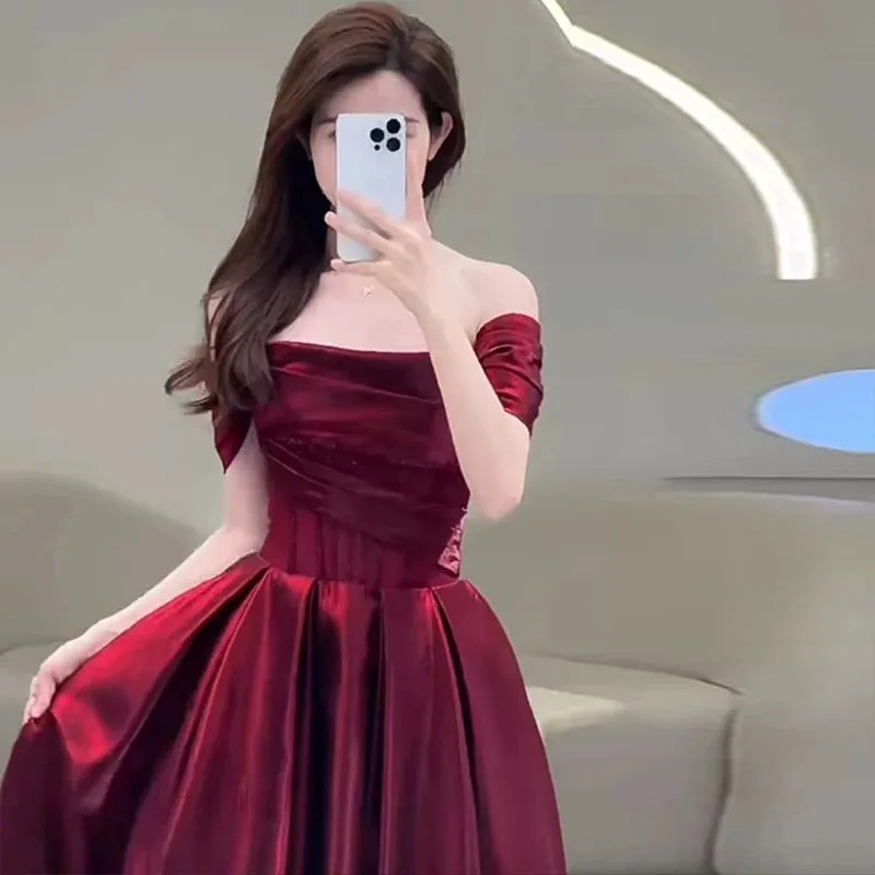 JazzHer Pretty A line Off The Shoulder Burgundy Satin Long Prom Dresses Party Evening Dress (PRE-ORDER)