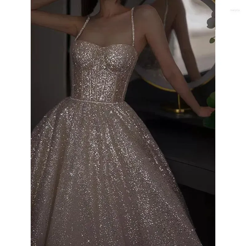 JazzHer Pretty A Line Spaghetti Straps Silver Sequin Long Prom Dress Evening Dresses (PRE-ORDER)