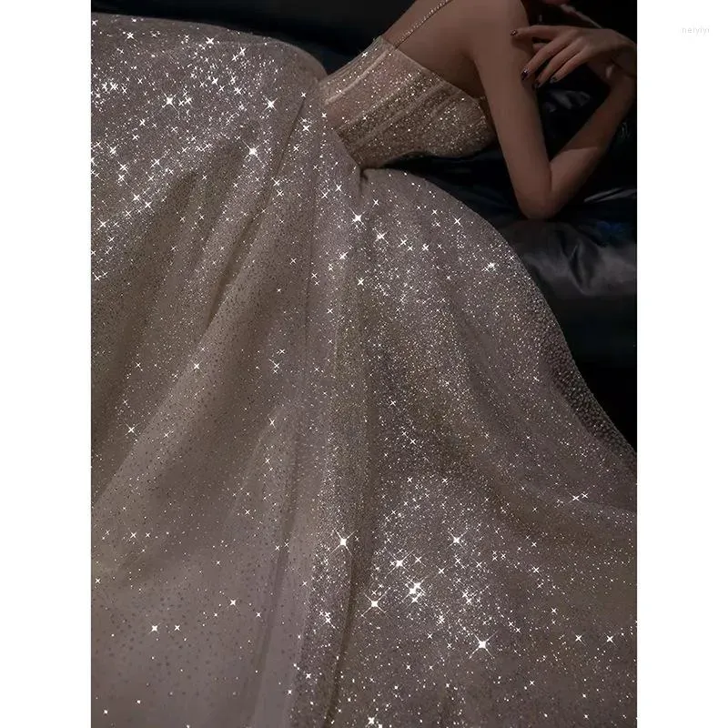 JazzHer Pretty A Line Spaghetti Straps Silver Sequin Long Prom Dress Evening Dresses (PRE-ORDER)