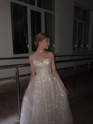 JazzHer Pretty A Line Spaghetti Straps Silver Sequin Long Prom Dress Evening Dresses (PRE-ORDER)