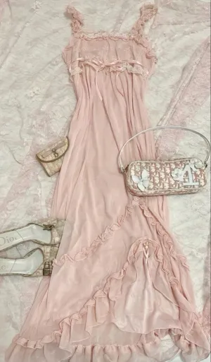 JazzHer Pretty A line Spaghetti Straps Sleeveless Pink Lace Prom Dresses Long Evening Dress (PRE-ORDER)