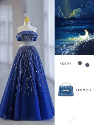 JazzHer Pretty Ball Gown Off The Shoulder Long Royal Blue Tulle Floor Length Prom Dresses (PRE-ORDER)