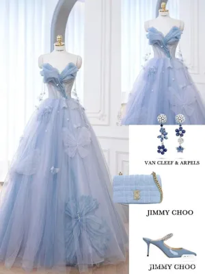 JazzHer Pretty Ball Gown Sweetheart Tulle Long Blue Floor Length Prom Dresses (PRE-ORDER)