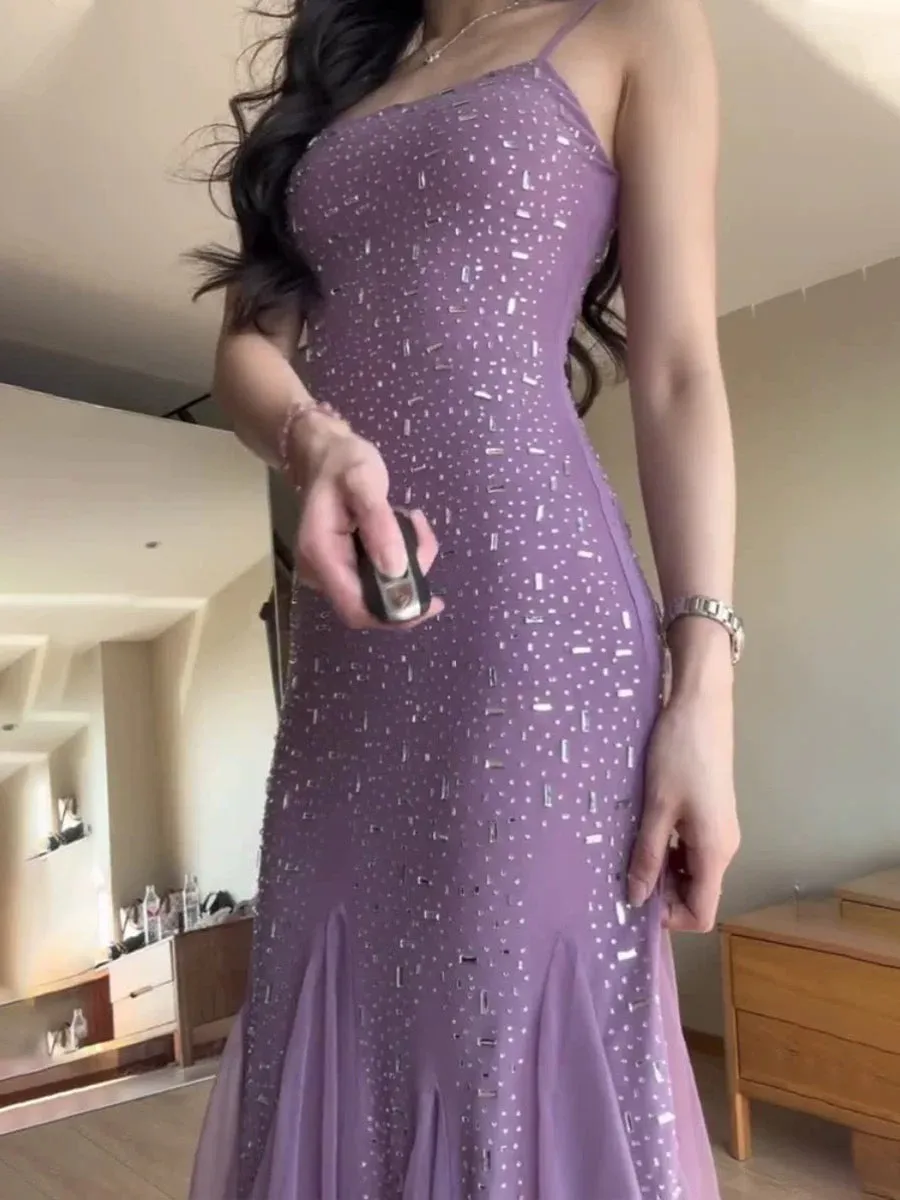 JazzHer Pretty Mermaid Spaghetti Straps Chiffon Evening Dress Prom Dresses With Beads (PRE-ORDER)