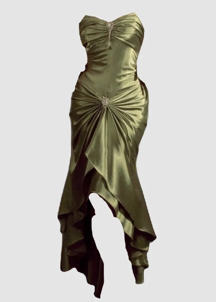JazzHer Pretty Mermaid Spaghetti Straps Green Satin Ruffles Evening Dress Prom Dresses (PRE-ORDER)