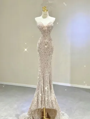 JazzHer Pretty Mermaid Sweetheart Sequin Champagne Long Evening Dress Prom Dresses (PRE-ORDER)