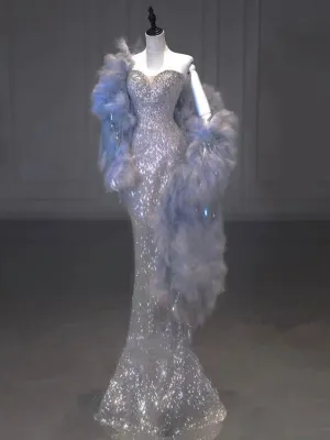 JazzHer Sexy Mermaid Strapless Sequin Long Silver Prom Dresses Evening Dress With Feather (PRE-ORDER)