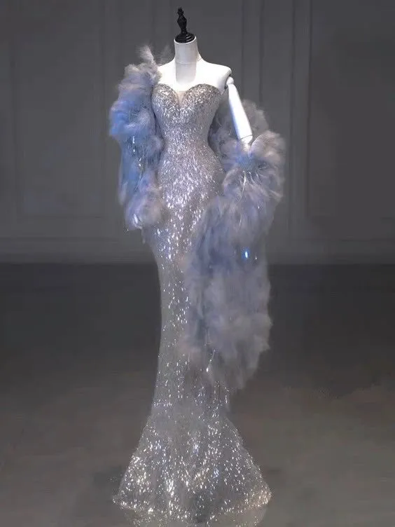 JazzHer Sexy Mermaid Strapless Sequin Long Silver Prom Dresses Evening Dress With Feather (PRE-ORDER)