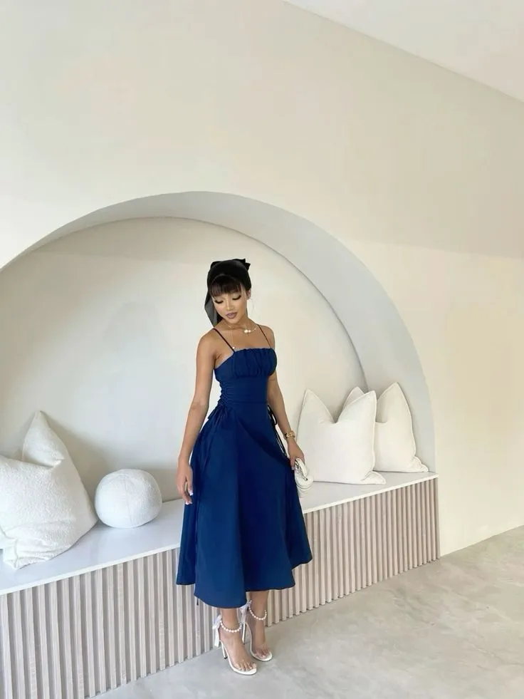 JazzHer Simple A line Spaghetti Straps Blue Sleeveless Prom Dress Formal Evening Dresses BD  (PRE-ORDER)