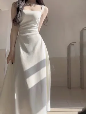JazzHer Simple A line Square Satin White Sleeveless Prom Dresses Birthday Party Dress (PRE-ORDER)