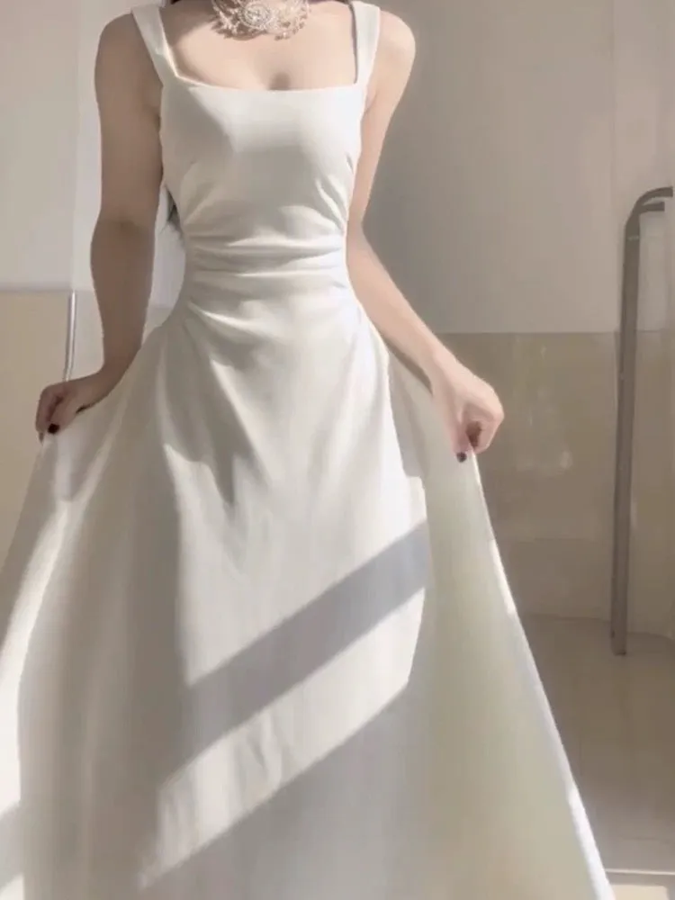 JazzHer Simple A line Square Satin White Sleeveless Prom Dresses Birthday Party Dress (PRE-ORDER)