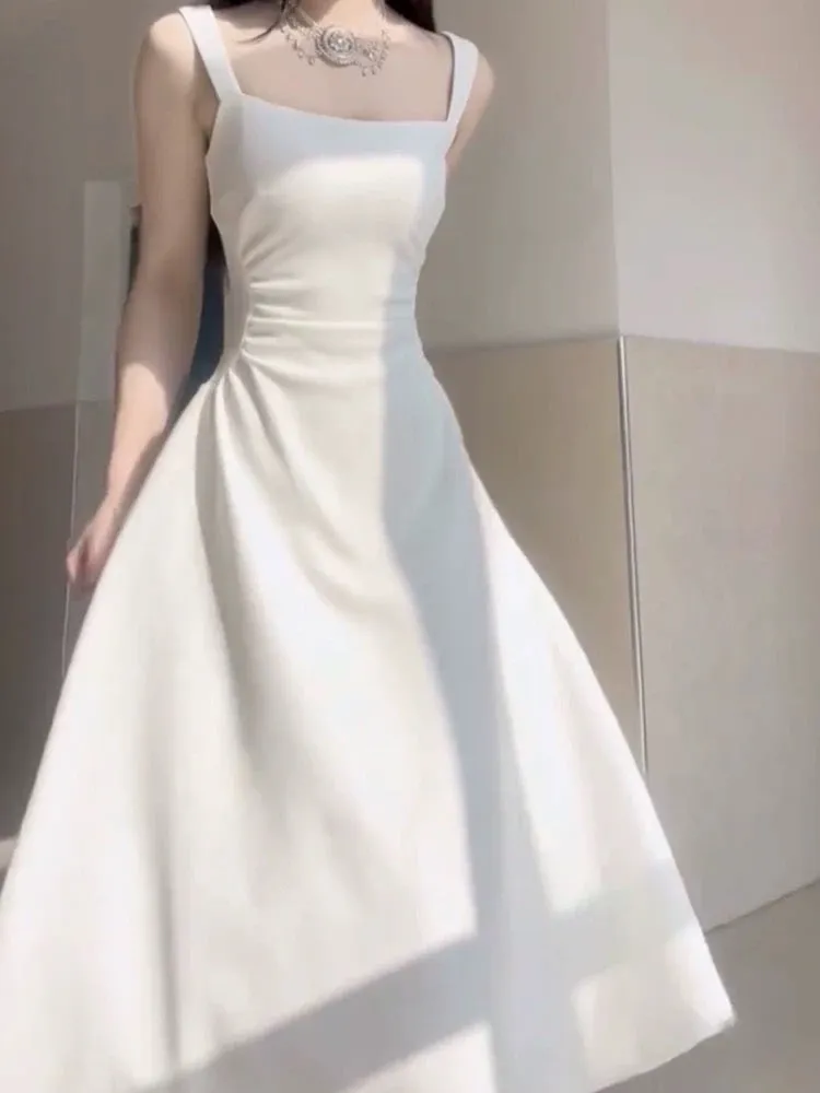 JazzHer Simple A line Square Satin White Sleeveless Prom Dresses Birthday Party Dress (PRE-ORDER)