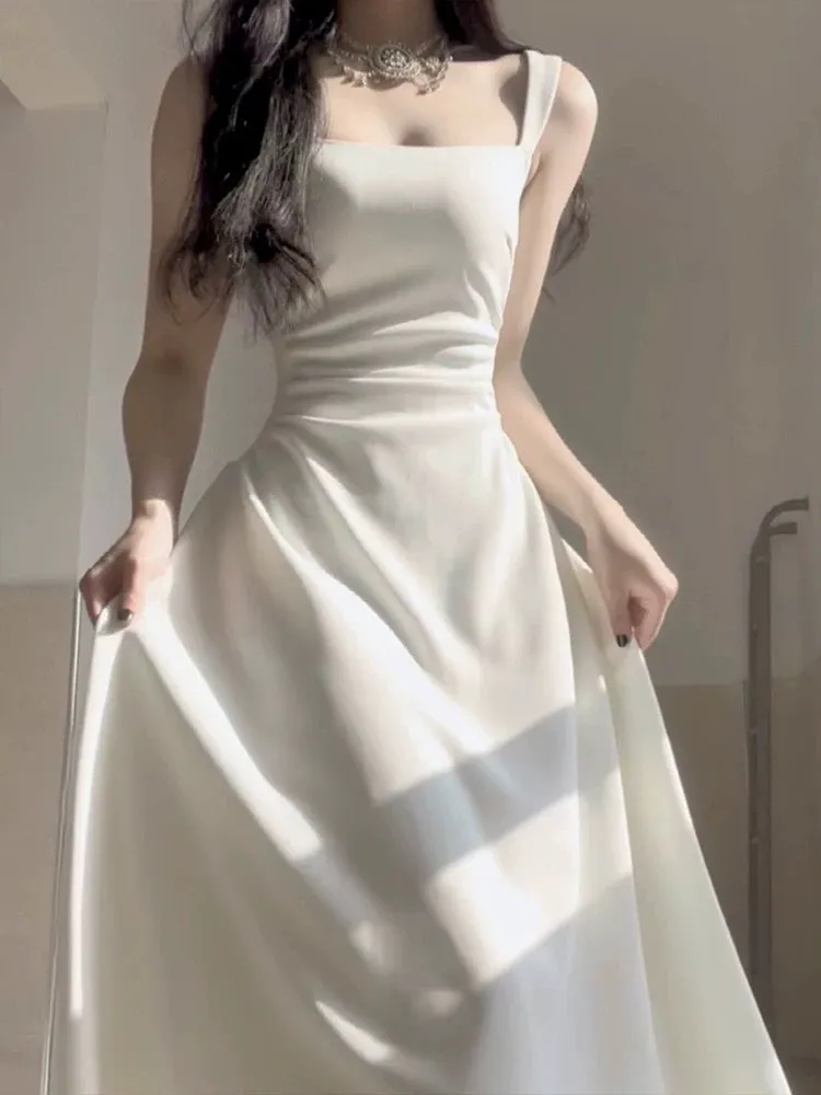 JazzHer Simple A line Square Satin White Sleeveless Prom Dresses Birthday Party Dress (PRE-ORDER)