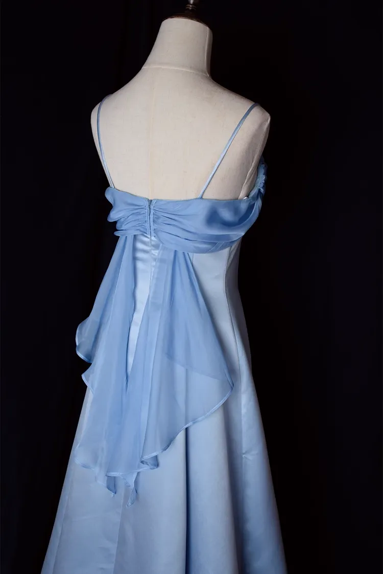 JazzHer Vintage A Line Spaghetti Straps Blue Long Prom Dresses (PRE-ORDER)
