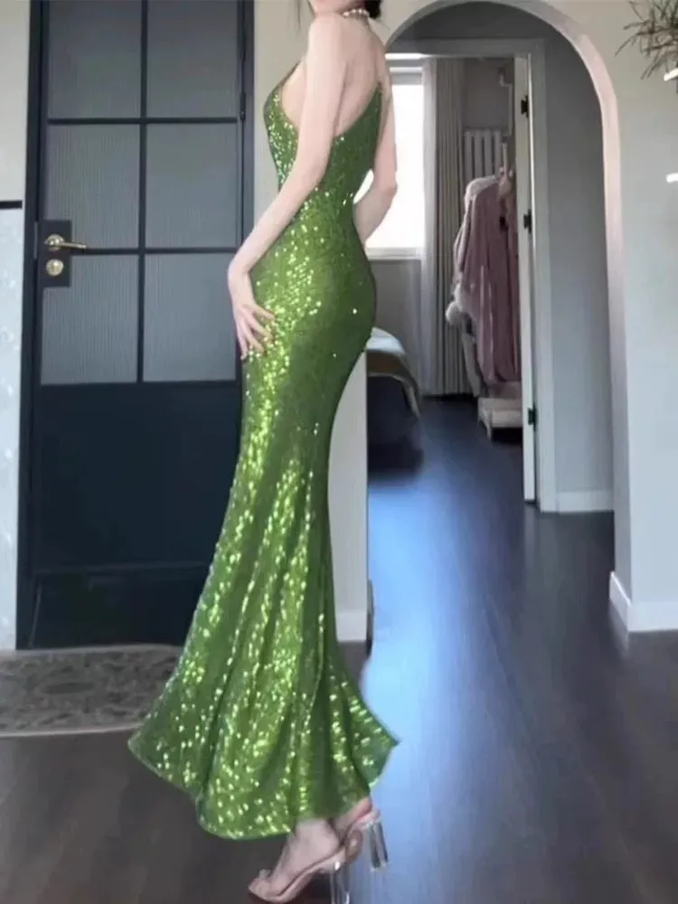 JazzHer Vintage Sheath Spaghetti Straps Green Sequin Long Evening Dress Prom Dresses (PRE-ORDER)